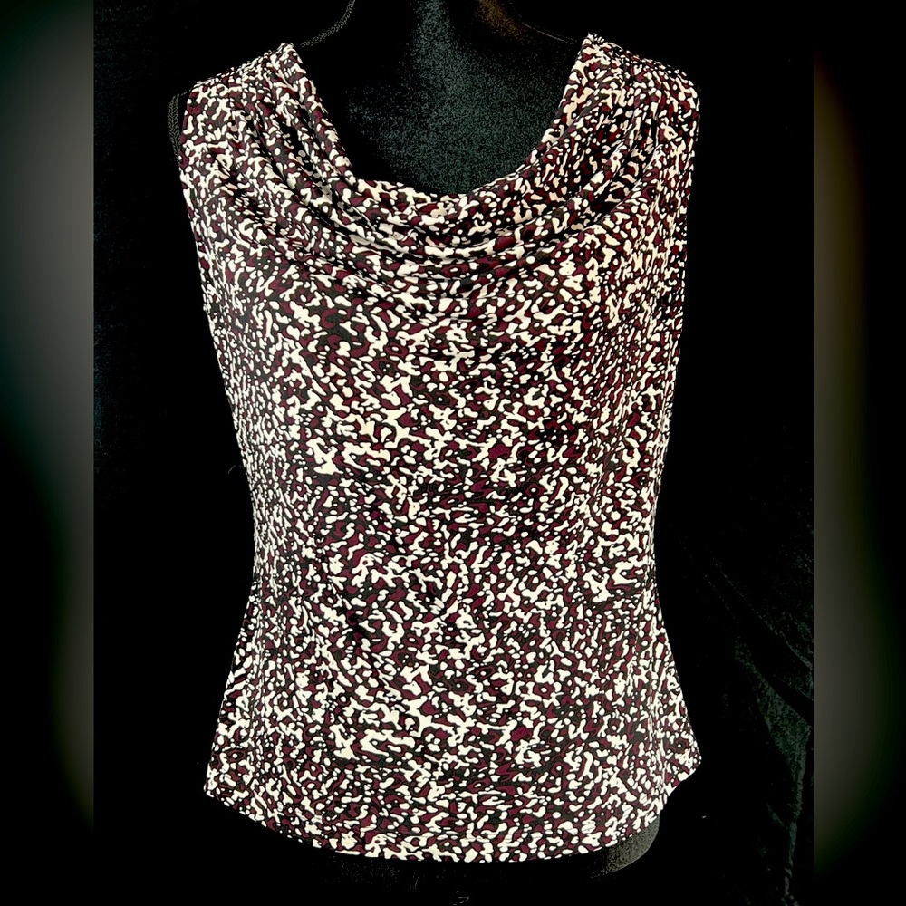 Calvin Klein Black, Cream & Purple Patterned Sleeveless Cowl Neck Blouse | Med